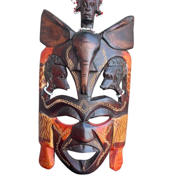 African Kenyan Tribal Multiple Face Mask with Elephant Hand Carved Wooden - Picture 1 of 6